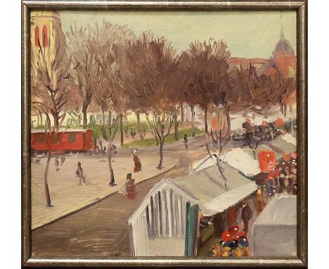 Unbekannter Maler in der Art Paul Paeschkes (um 1930)Markt am Blücherplatz in Berlin. Öl/Lwd. (doubliert). 34x 36 cm. R.