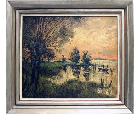 Bettermann, Gerhart (1910 Leipzig- Winnemark 1992)"An der Schlei", so rückseitig auf Etikett betitelt. Öl/Hartfaserplatte, li