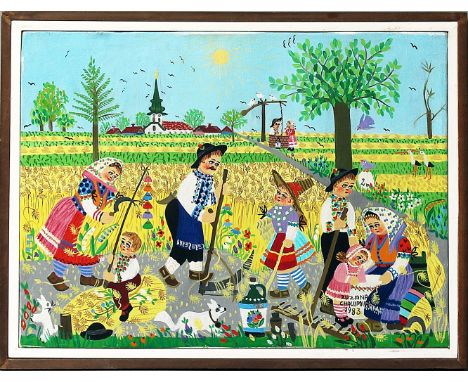 Chalupova, Zuzana (1925-2001)Die Getreideernte. Öl/ Lwd. (min. verschmutzt), re. u. sign. und dat. 1983. 30x 40 cm. R.