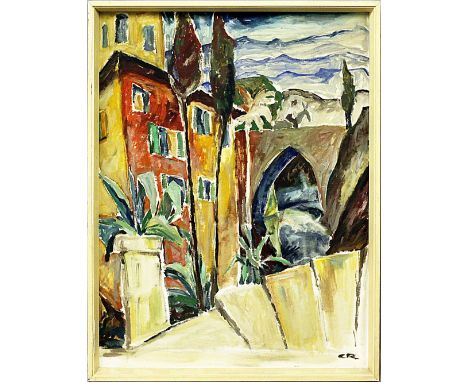 Rühle, Clara (1885 Stuttgart - Münsingen 1947)Südländische Stadt mit Reiter auf einem Esel auf einer Brücke, im Hintergrund G