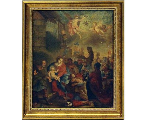 Unbekannter Maler des Barock (17./18. Jh.)Anbetung der Heiligen Drei Könige. Öl/Lwd. (besch./rest.), verso bez. Paul Vernes. 