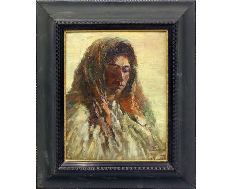 Boemm, Ritta  (1868 Locse -  Budapest 1948)Frau mit Tuch. Öl/Lwd. (Altersspuren, re. Seite beschnitten), re. u. Restsign. und