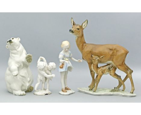 Vier Skulpturen, Hutschenreuther:Eisbär (H. Achtziger), Mädchen mit Schmetterling (H. Achtziger), tanzende Putten (K. Tutter)