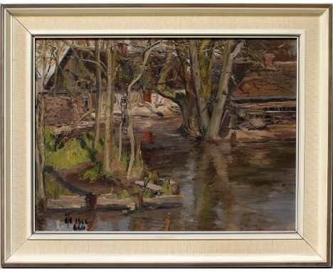 Hänsch, Johannes (1875 Berlin 1945)"Spreewald Lehde zum fröhlichen Hecht", so verso später betitelt. Öl/Karton/Platte, li. u.