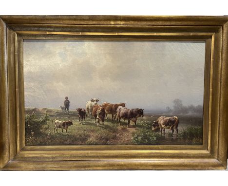 Nickol, Adolf Karl Friedrich (1824 Schoppenstedt-Braunschweig 1905)Hirte mit seiner Rinderherde an nebelverhangenem Flusslauf