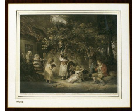 Morland, Georges (1763-1804), nach"Children Nutting". Kolorierte Aquatintaradierung (l. fleckig und gebräunt) von William War