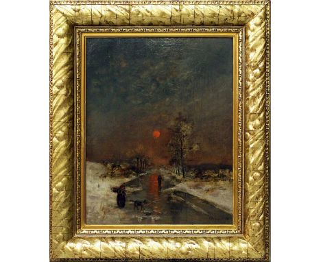 Engel, C. (um 1890)Stimmungsvolle Winterlandschaft mit Figuren auf einem zugefrorenen Kanallauf in der Abendröte. Öl/Lwd., re