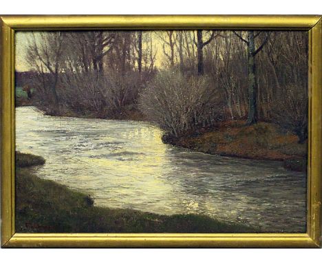 Weimann, Paul (1867 Breslau - Hirschberg c.1945)Flusslauf in der Dämmerung. Öl/Lwd., li. u. sign. Verso mit Restetikett "Hof-