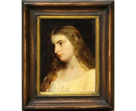 Unbekannter Maler (19. Jh.)Portrait einer jungen Frau. Öl/Lwd. (Altersspuren, rest.), verso Lwd. gestempelt Malereibedarf, Be