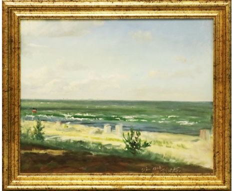 Kostka, Josef (1846 Ratibor - Berlin 1927)Blick von den Dünen über den Strand auf das Meer. Öl/Platte (l. Kratzer), re. u. si