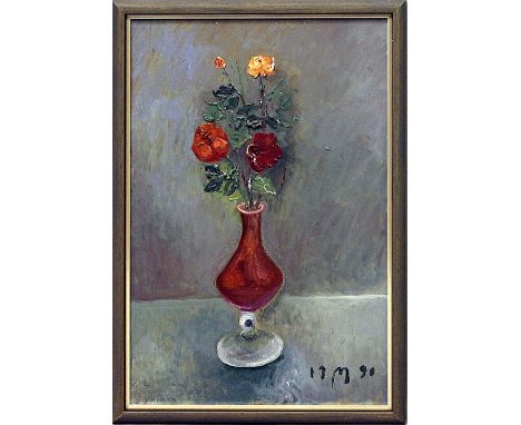 Mühlenhaupt, Kurt (1921 Klein Ziescht- Berlin 2006)"3 Rosen 1 Knospe in filigraner roter Vase", so verso betitelt, sign. und 