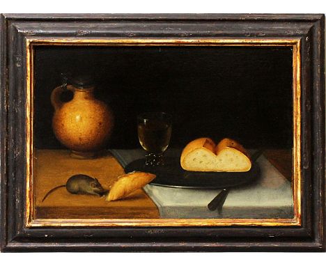 Deutsch (wohl Frankfurter Schule, um 1610-1640)Stillleben mit Maus, Messer, Brot, Steinkrug und Nuppenglas. Öl/Eichenholztafe