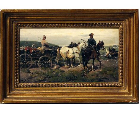 Konarski, J. (um 1900/Anf. 20. Jh.)Pferdewagen mit Kosaken. Öl/Holztafel (rissig, Farbverluste), li. u. sign. 12x 22 cm. R.