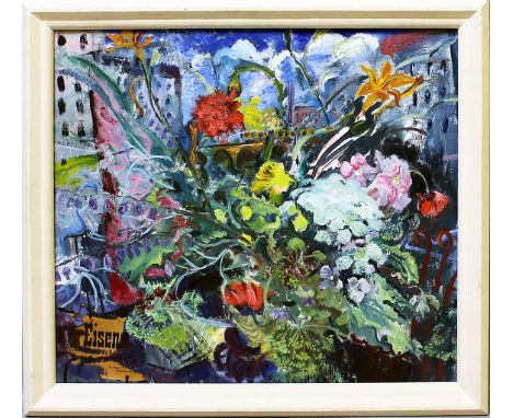 Nicolaus, Roland (geb. 1954 in Berlin)Blumenkomposition. Öl/Lwd./re. u. kleine Papiercollage. 70x80 cm. R.