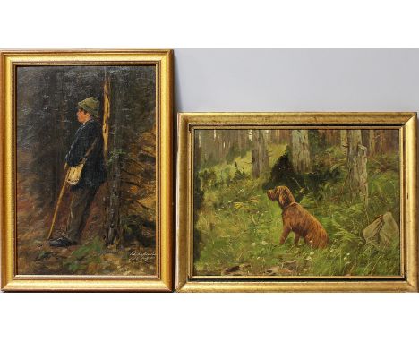 Drahtmann, Prof. Johann Christopher (1856 Bremen -Berlin/Charlottenburg 1931)Zwei Gemälde: Junger Wanderer und Jagdhund im Wa