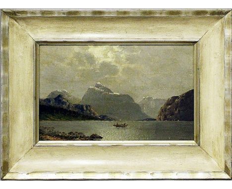 Mohrbutter, Alfred (1867 Celle - Neubabelsberg 1916)Norwegischer Fjord mit einsamem Ruderboot und Wolkenbruch. Öl/Lwd. (Craqu