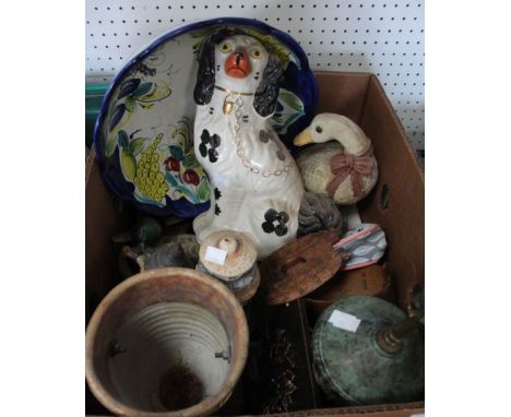 A box of ceramic and other wares to include a dog, a duck and a goose