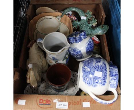 A box of ceramic items, blue and white and Continental plus a metal lizard
