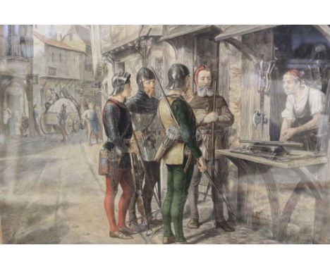 John McLaren Ralston (1849-1883) "Medieval Bowmen contemplating a Firearm" watercolour painting, signed and dated 1870, 25cm 