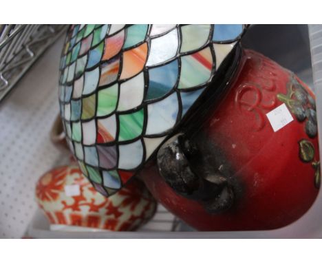 A crate of two Oriental pots, a rumtopf and a Tiffany style lamp shade