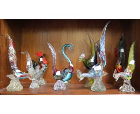 A shelf containing a selection of glass cockerels to include Murano examples (9)