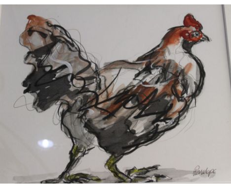 A crayon and ink sketch of a cockerel by Penelope Timms