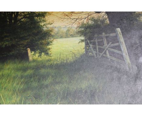 Paul James (1961-) "The field gate, late Summer" acrylic painting on canvas, signed, 60cm x 75cm, signed, decorative gilt fra