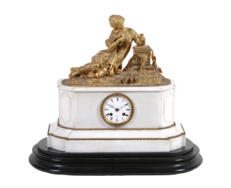  A gilt-metal mounted white marble mantel clock  ,   Rollin A Paris,   mid    19th century, the eight-day bell striking movem