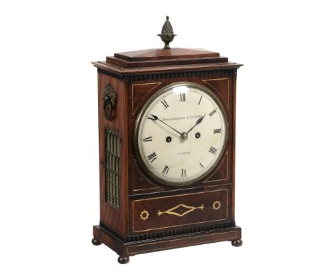  A William IV mahogany and brass inlaid bracket clock  , circa 1830, the twin fusee rack and bell striking movement with anch