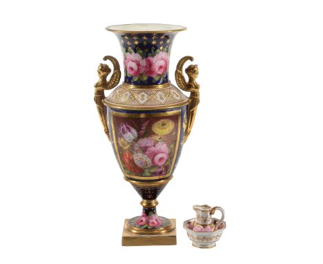  An English porcelain miniature octagonal-section ewer and basin, probably Coalport,   circa 1820, painted and gilt with pink