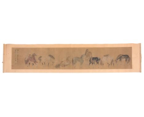  A Chinese scroll painting of a man and horses, signed Zhao Mengfu,   29cm x 164cm picture size 