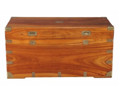  A camphor wood and brass bound trunk  , 19 th  century, the lid with inset handles opening to large compartment with flankin