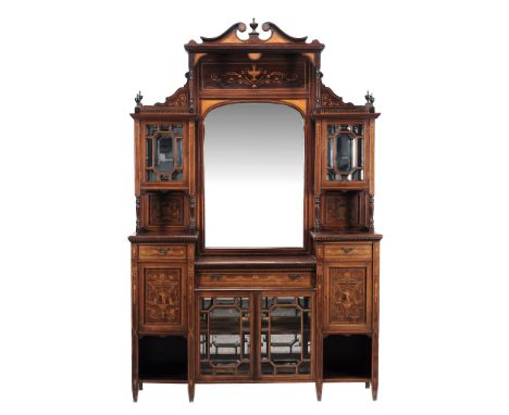  An Edwardian inlaid rosewood display cabinet,   circa 1910, fitted a mirror back and bevelled glass cupboards with mirror ba