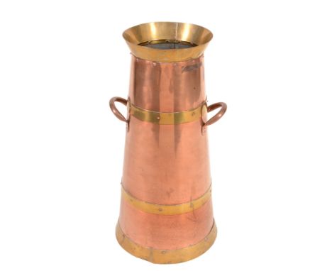  A copper and brass mounted stick stand modelled as a churn,   late 19th/early 20th century, of tapering form with brass coll