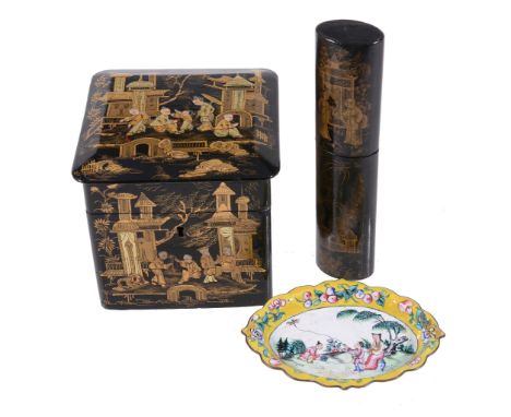  A Chinese lacquer tea caddy, late Qing Dynasty,   painted in raised and flat gilding with Oriental figures in formal garden 