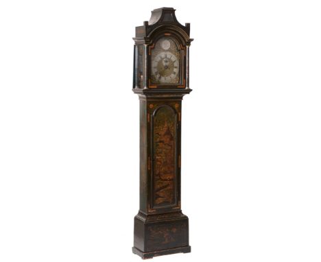  A black japanned eight day longcase clock  ,  mid to late 18th century, the five pillar rack and bell striking movement with