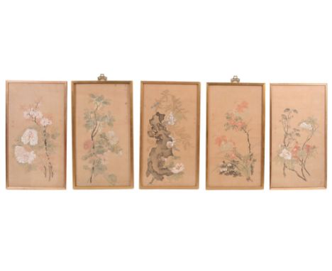  A set of five Chinese silk paintings,   variously painted with flowers and foliage, each with two seal marks in red, 67cm x 