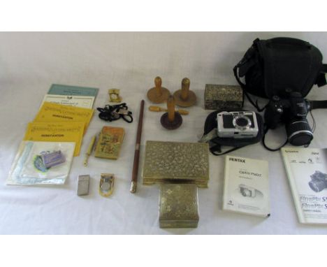 Assorted items inc silver topped baton/stick, cameras, whistle etc