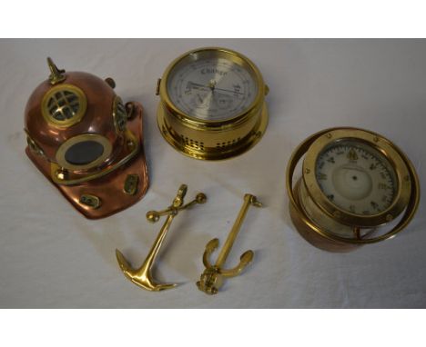 Brass ships gimbal compass, brass and copper miniature diving helmet, barometer and 2 anchors