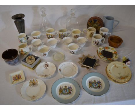 Ceramics including commemorative ware cups, plates, saucers, 2 decanters etc