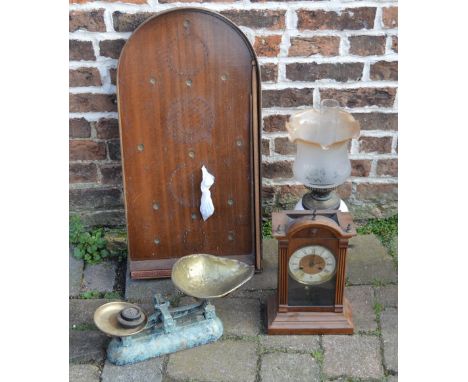 American clock, pair of scales, Victorian oil lamp and a bagatelle board
