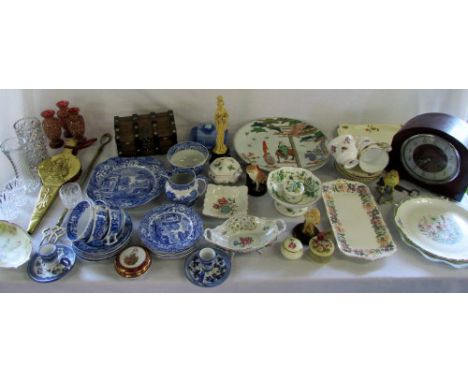 Various ceramics inc Shelley, Dresden and Spode, mantle clock, glass ware & jewellery box (2 boxes)