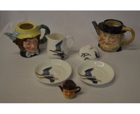 2 Beswick character teapots (missing lids), a miniature teapot and Limited Edition Peter Scott tea cup/saucers