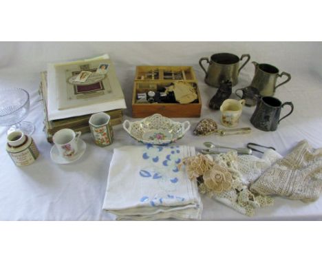 Various ceramics inc Dresden, books, silver plate, Microscope etc