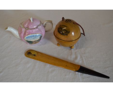Sutton on Sea teapot, page turner & a Mauchline ware wool holder relating to Mablethorpe