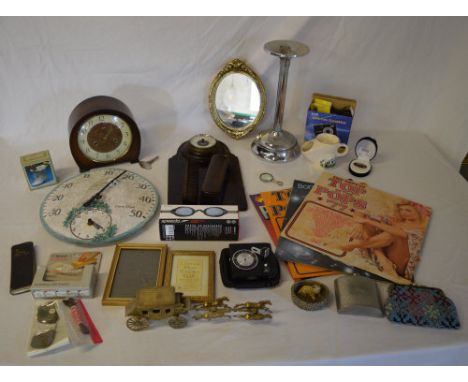 Small gilt framed mirror, records including 'Top of the Pops', Smiths mantle clock, small wall barometer etc