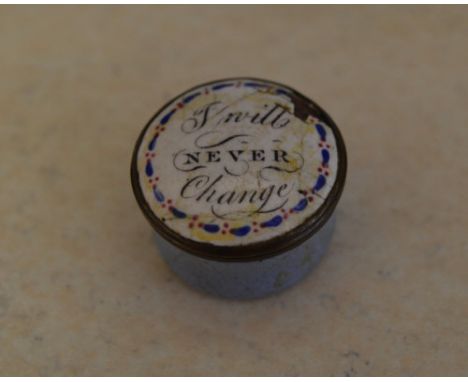 Enamel patch pot / box with the phrase 'I Will Never Change' to the lid (af)