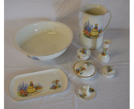 Ceramic toilet set comprising of jug, bowl, tray, candlestick, pots etc