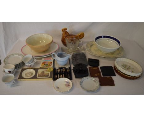 Ceramic meat dishes, binoculars, cups, saucers, plates, flan dishes etc