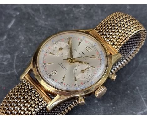 A vintage Jaquet-Droz gold plated manual wind chronograph wristwatch, 36mm, Ref. 90901, on 'Tessuflex' bracelet. 